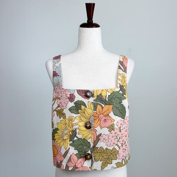 Sezane Thelma Boho 70s Square Neck Sleeveless Linen Crop Top Size 40 - Picture 4 of 11